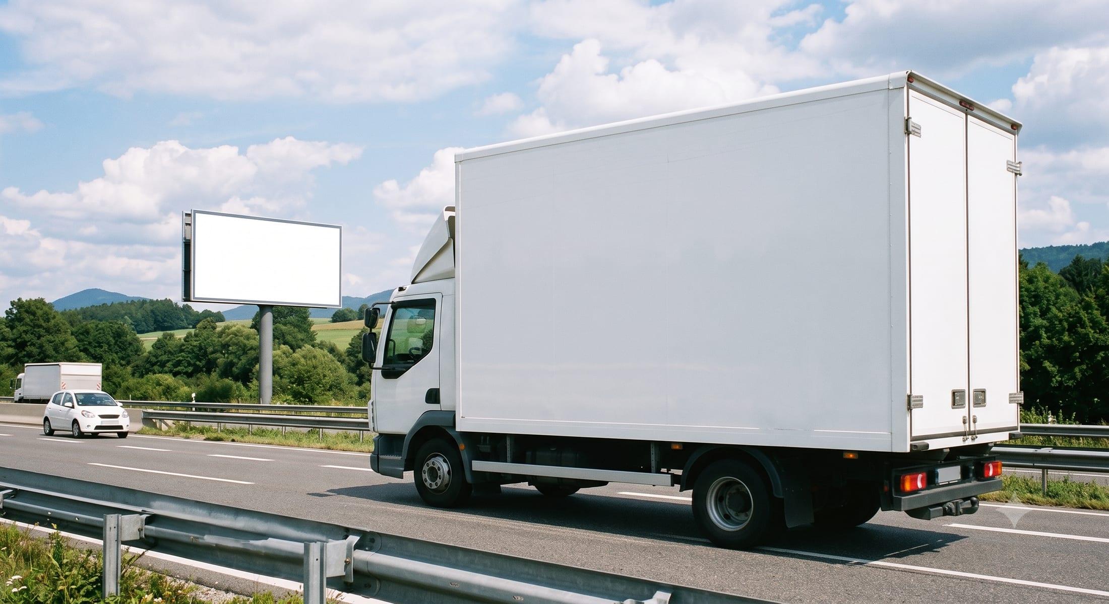 A blank roadside billboard beside a blank white truck on a highway